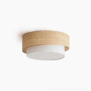 Melanie raffia drum ceiling light with handwoven natural fiber shade and white base, front overhead studio view