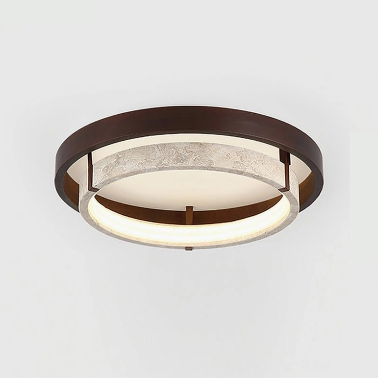 Large 65cm Menine travertine and walnut modern ceiling light, mid-century design aesthetic