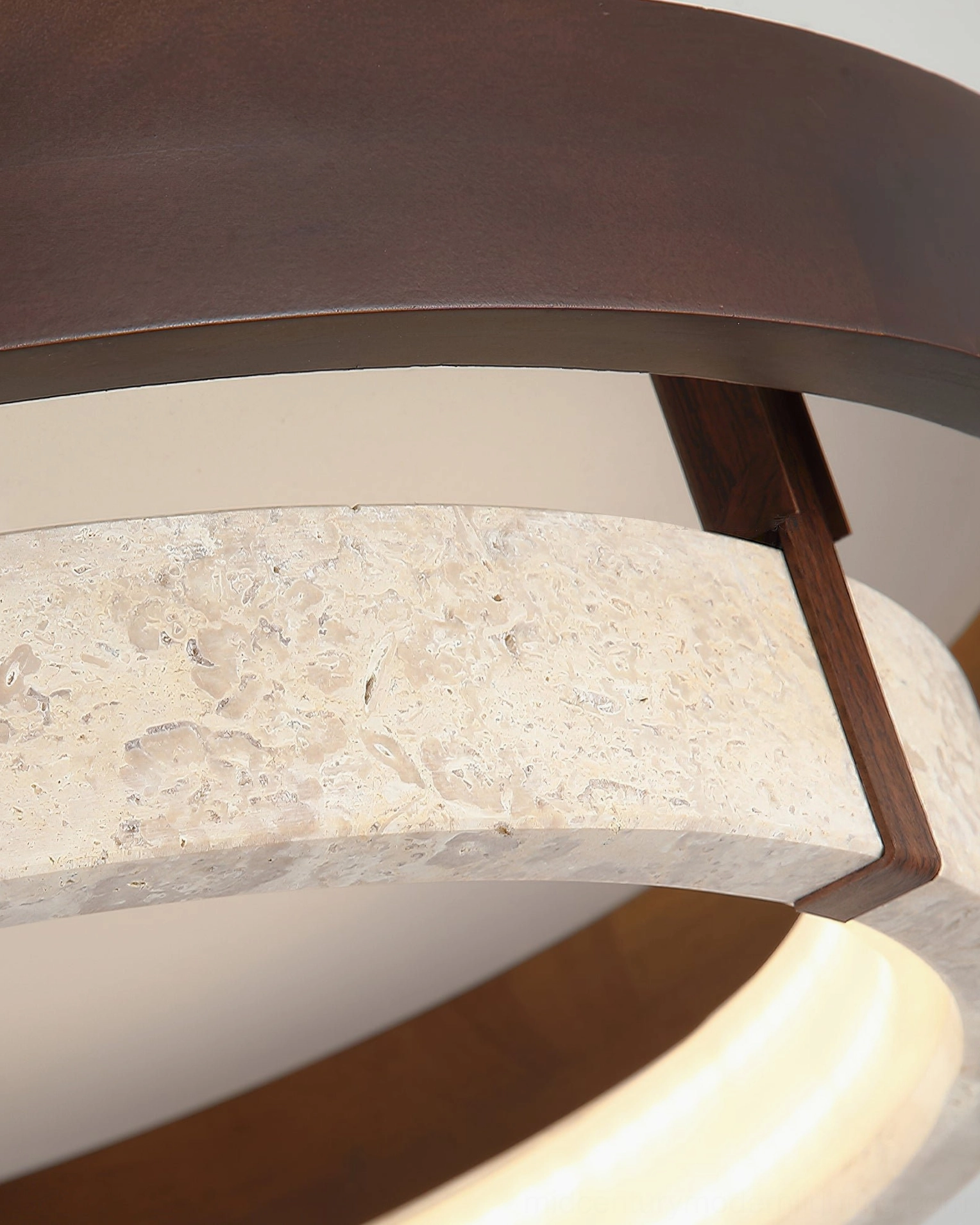 Menine flush mount ceiling fixture detail showing walnut wood frame and diffuser construction