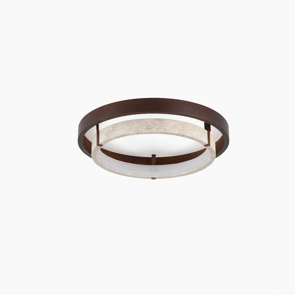 Menine travertine and walnut flush mount ceiling light front view, showcasing textured stone and warm wood frame