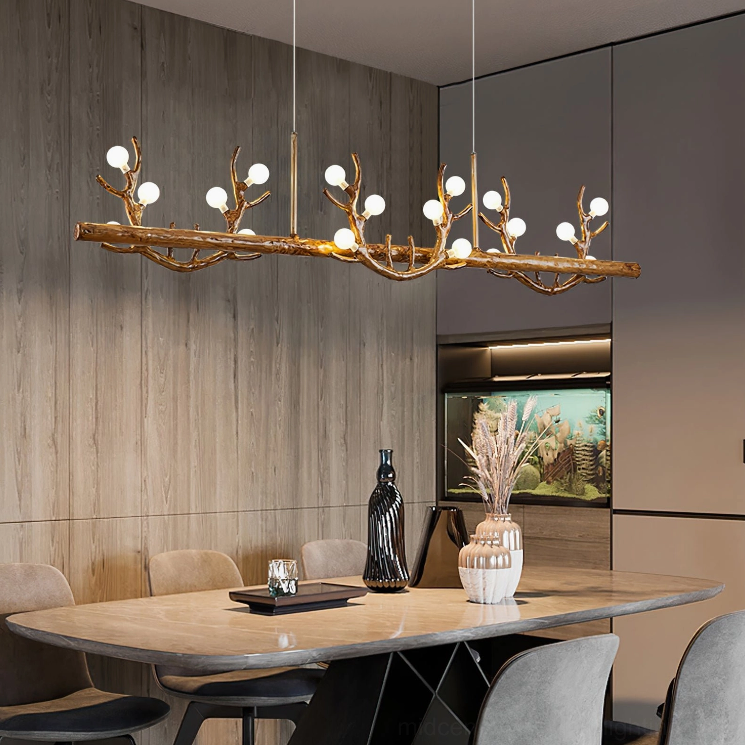 Mid-century modern antler branch chandelier wood-toned ceiling mounting system and fixture assembly detail