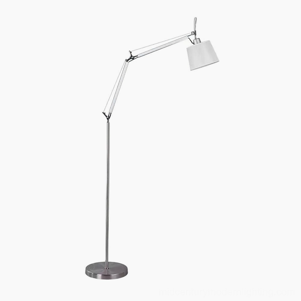 Mid-century modern articulating floor lamp, neutral shade and metal frame for transitional interior design