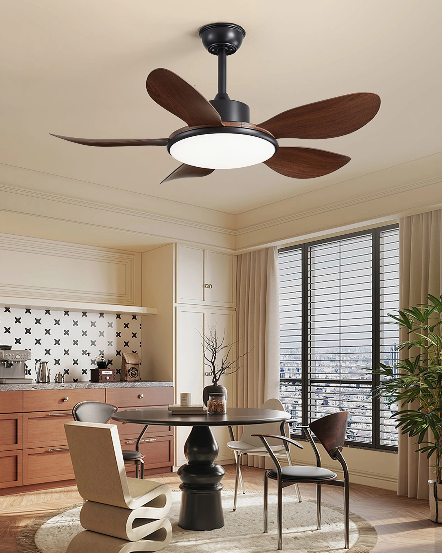 Contemporary ceiling fan light in warm retro kitchen dining nook - coordinates with wooden cabinetry