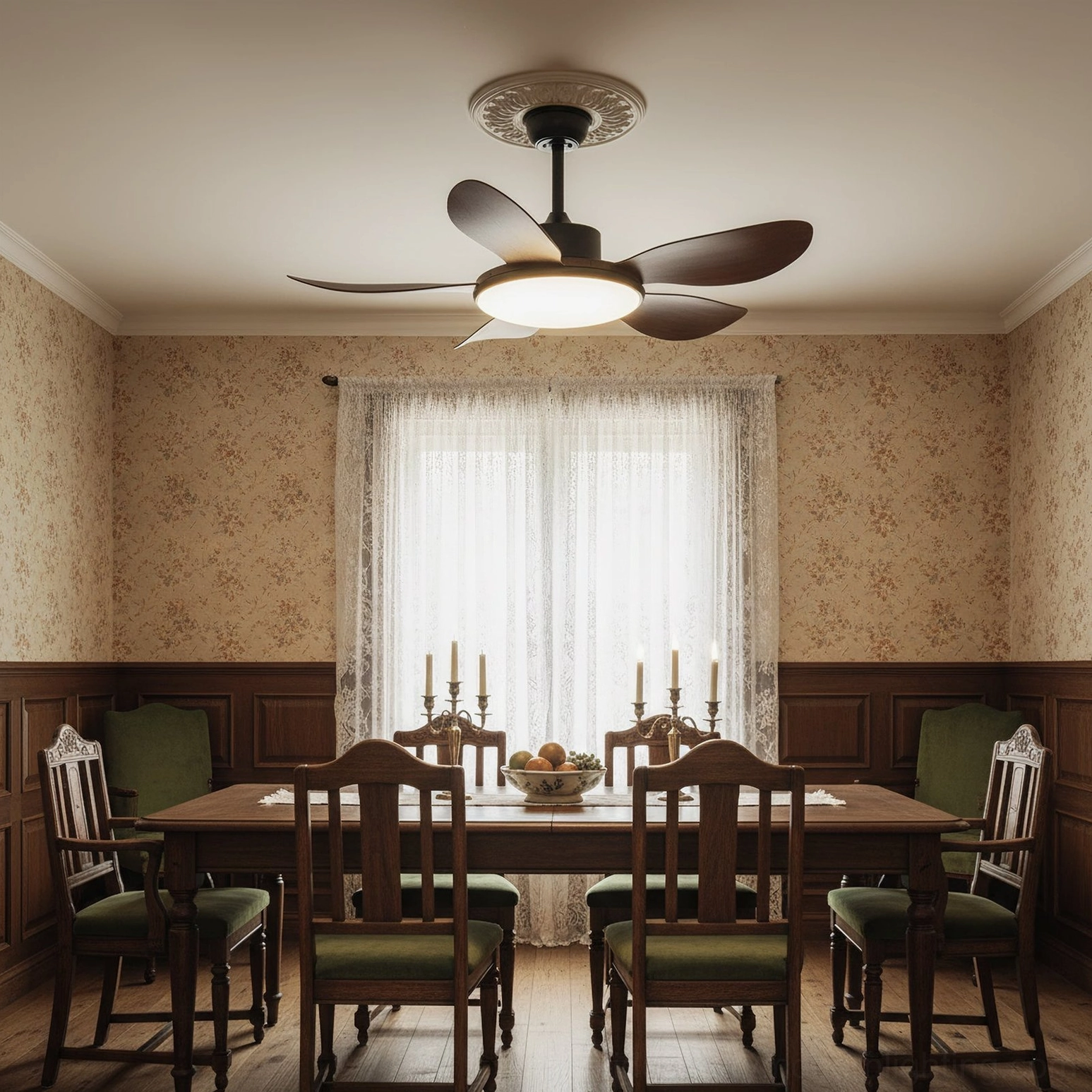 Mid-century modern ceiling fan fixture in wood-paneled dining room - wide-angle view with warm LED illumination