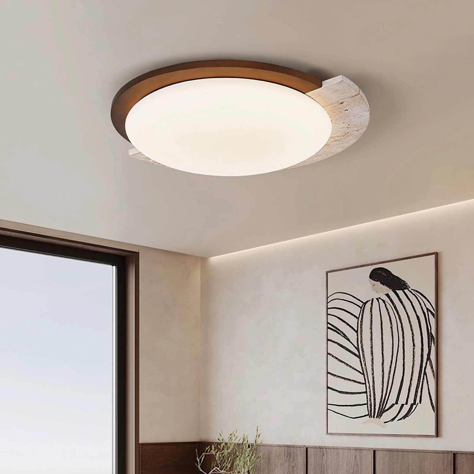 Asymmetrical ceiling lamp installed in minimalist bedroom with large window and modern wall art