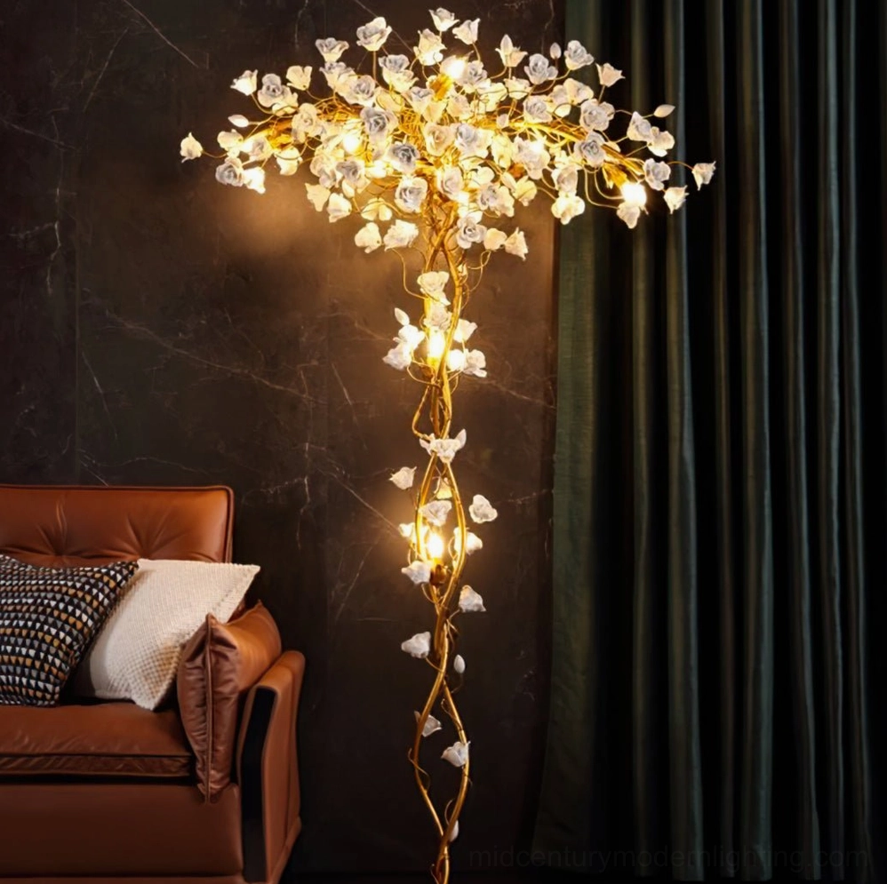 Mid-century modern ceramic flower floor lamp highlighting brass pole construction and ceramic floral details