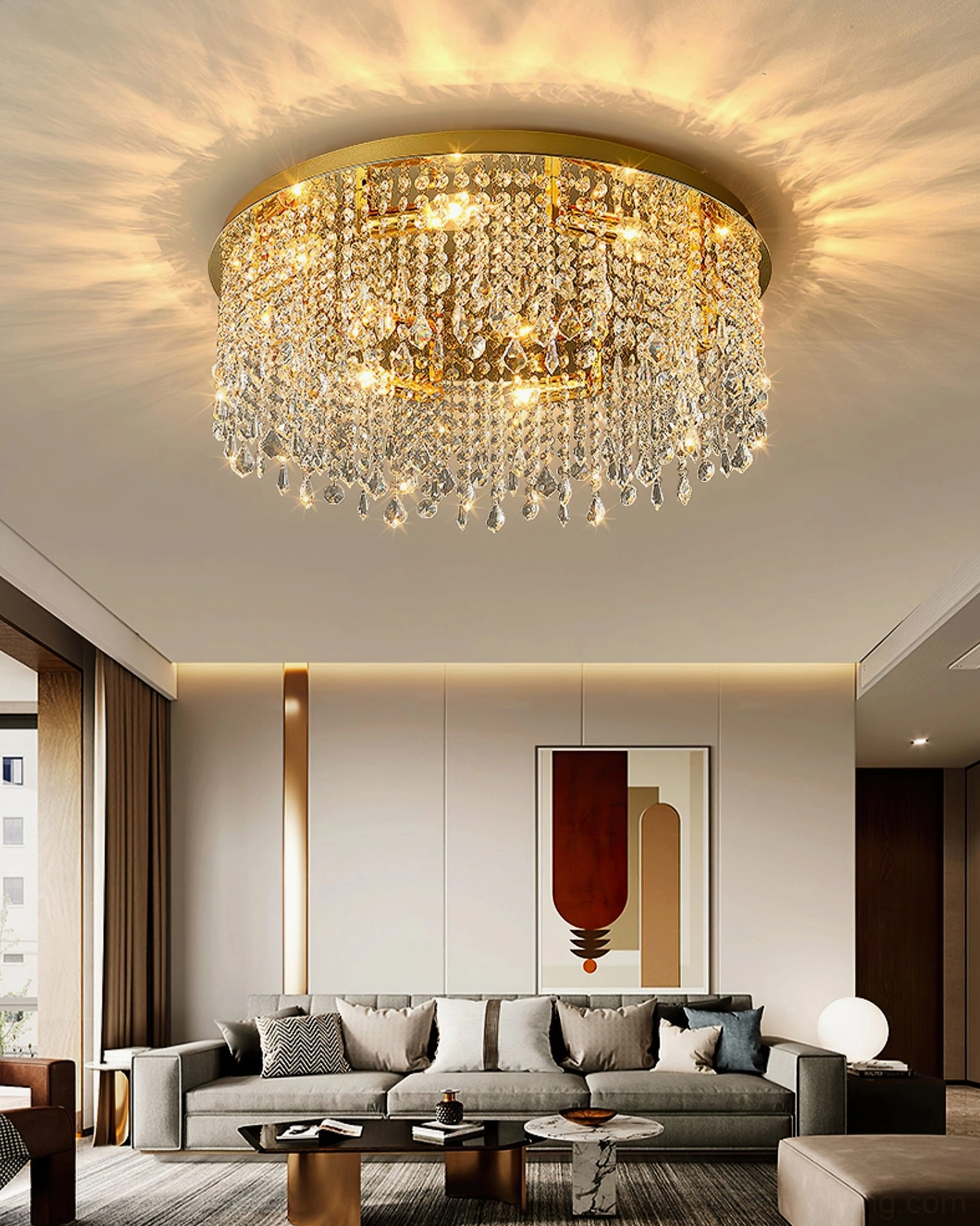 Contemporary living room with installed mid-century modern crystal ceiling lamp providing sophisticated ambient lighting