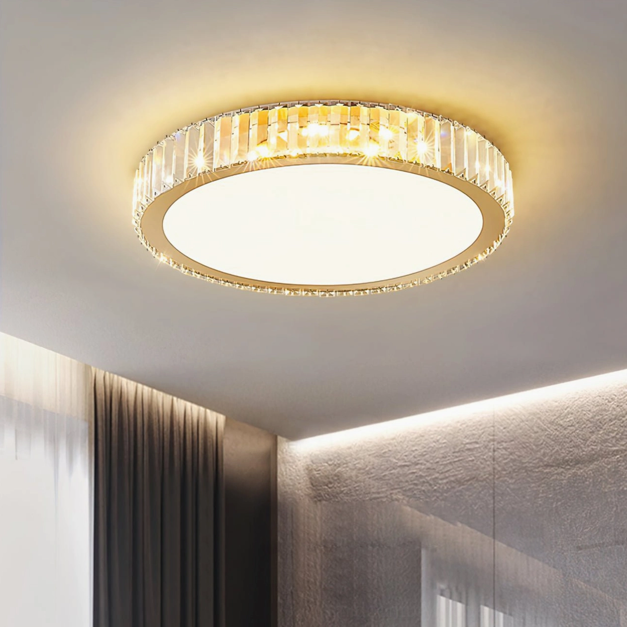 Crystal flush mount ceiling light illuminated in modern bedroom with gray curtains