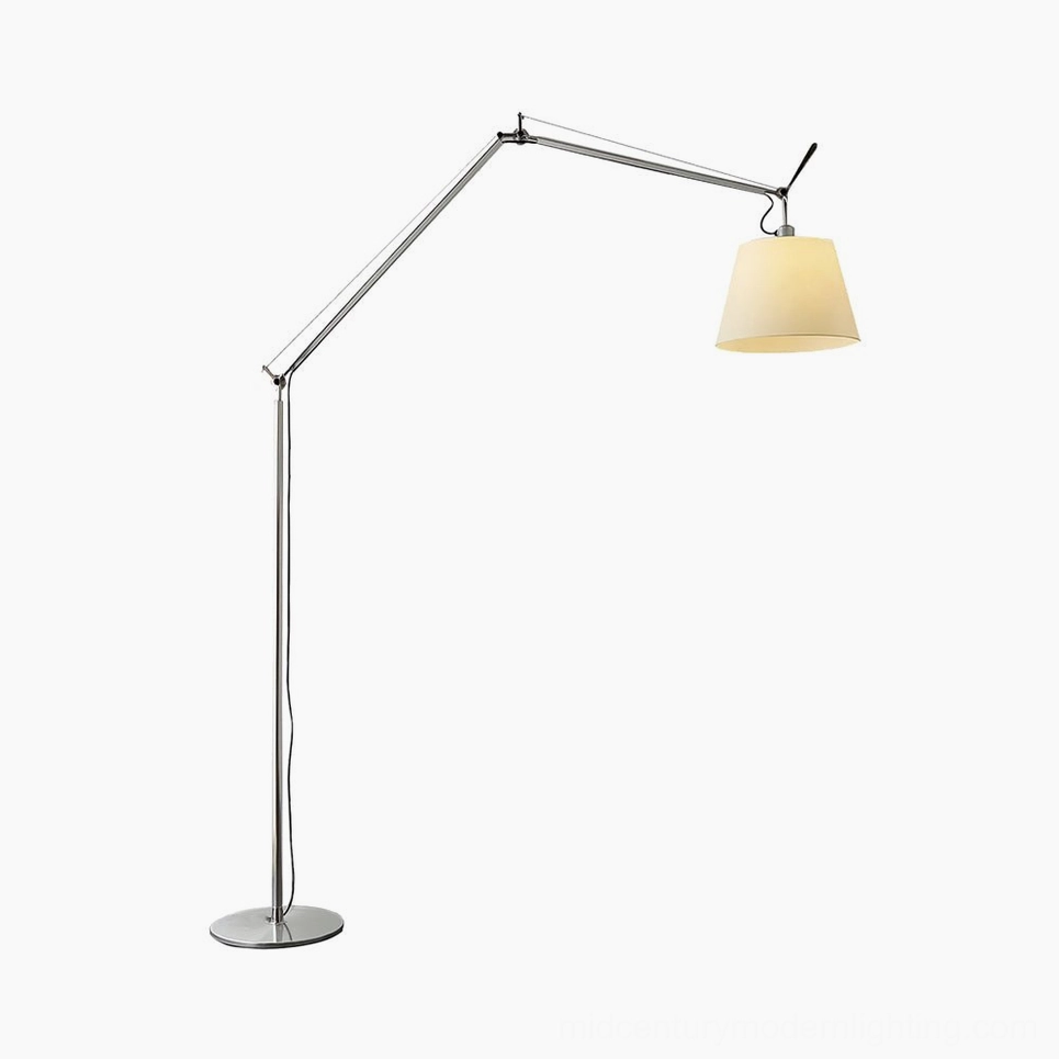 Mid-century modern floor lamp with telescoping arm mechanism, fog silver metal and neutral fabric shade