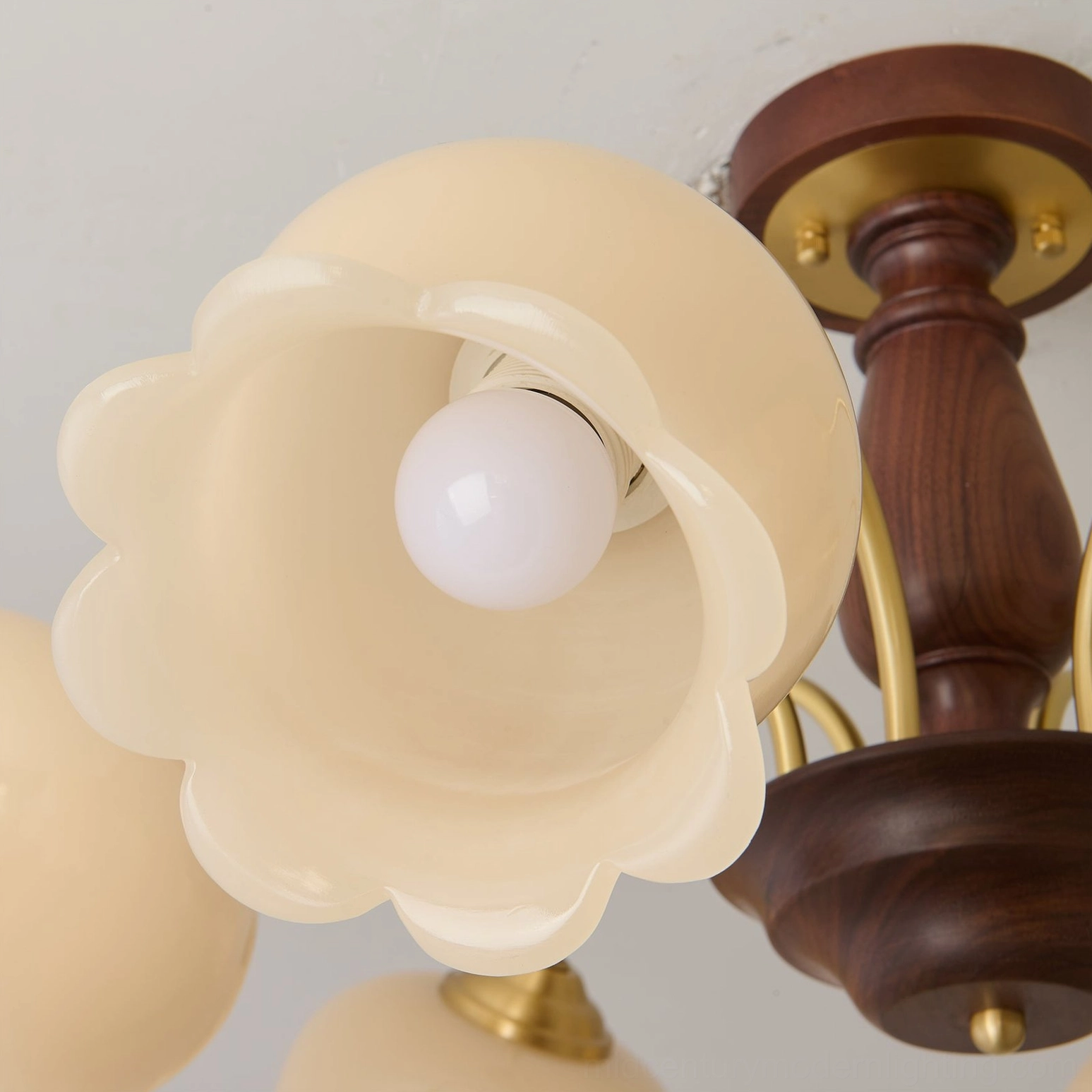 Mid-century modern flower chandelier, 6-head botanical ceiling light fixture, brass and walnut construction with cream glass