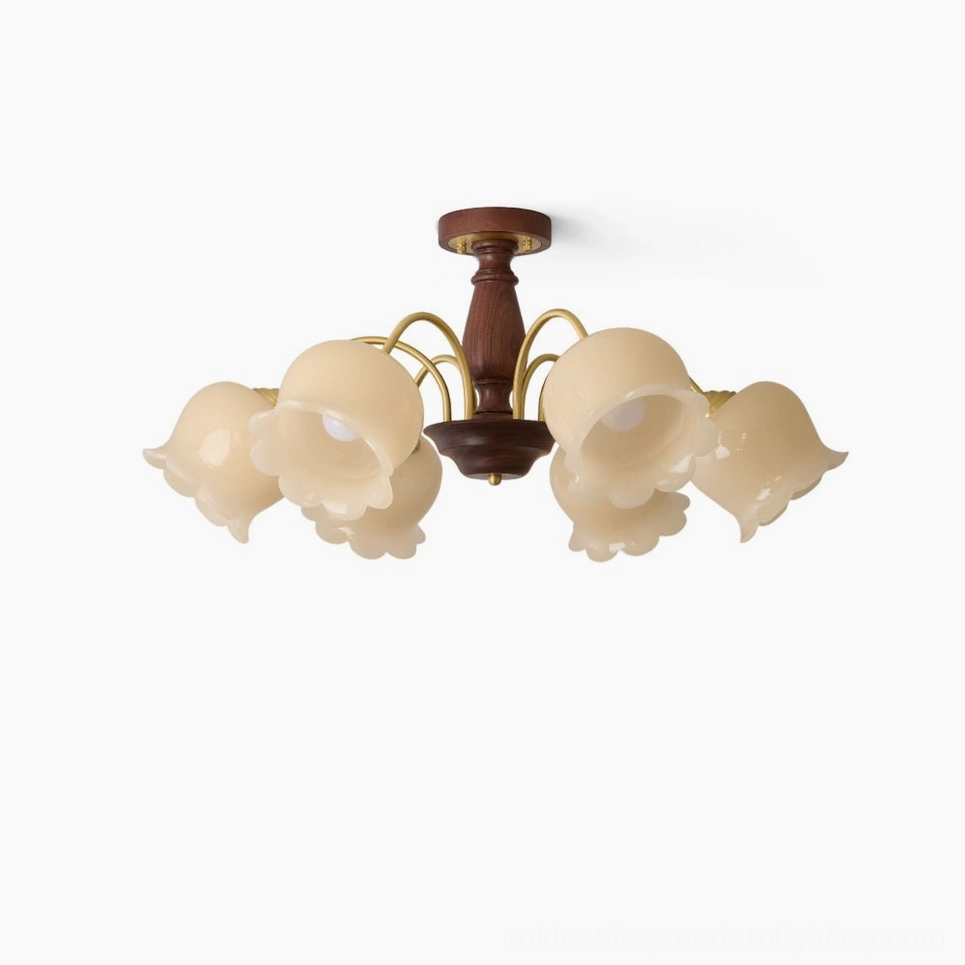 6-head floral glass flower chandelier with brass arms and walnut base, cream-colored ruffled bell-shaped shades, mid-century modern design