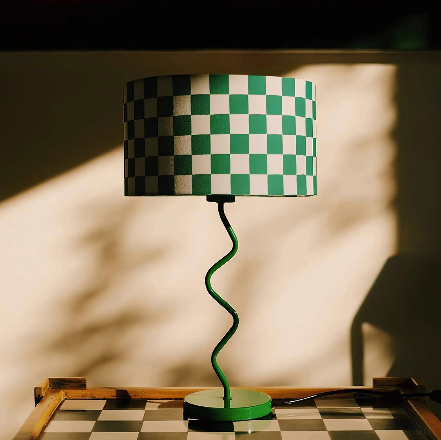 Mid-century modern table lamp with green checkered shade functional contemporary lighting