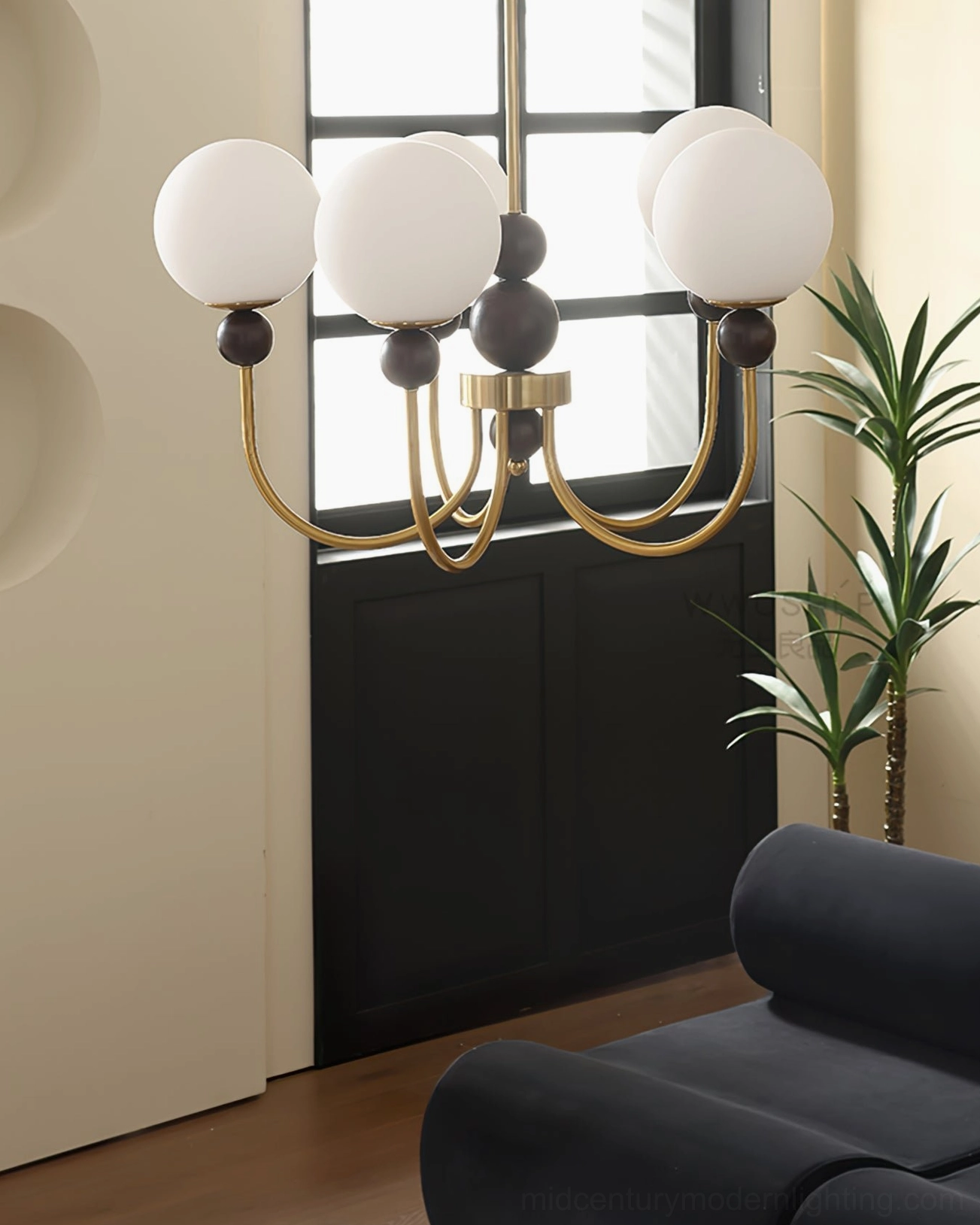 Mid-century modern glass pendant chandelier with multiple heads, brass finish overhead perspective