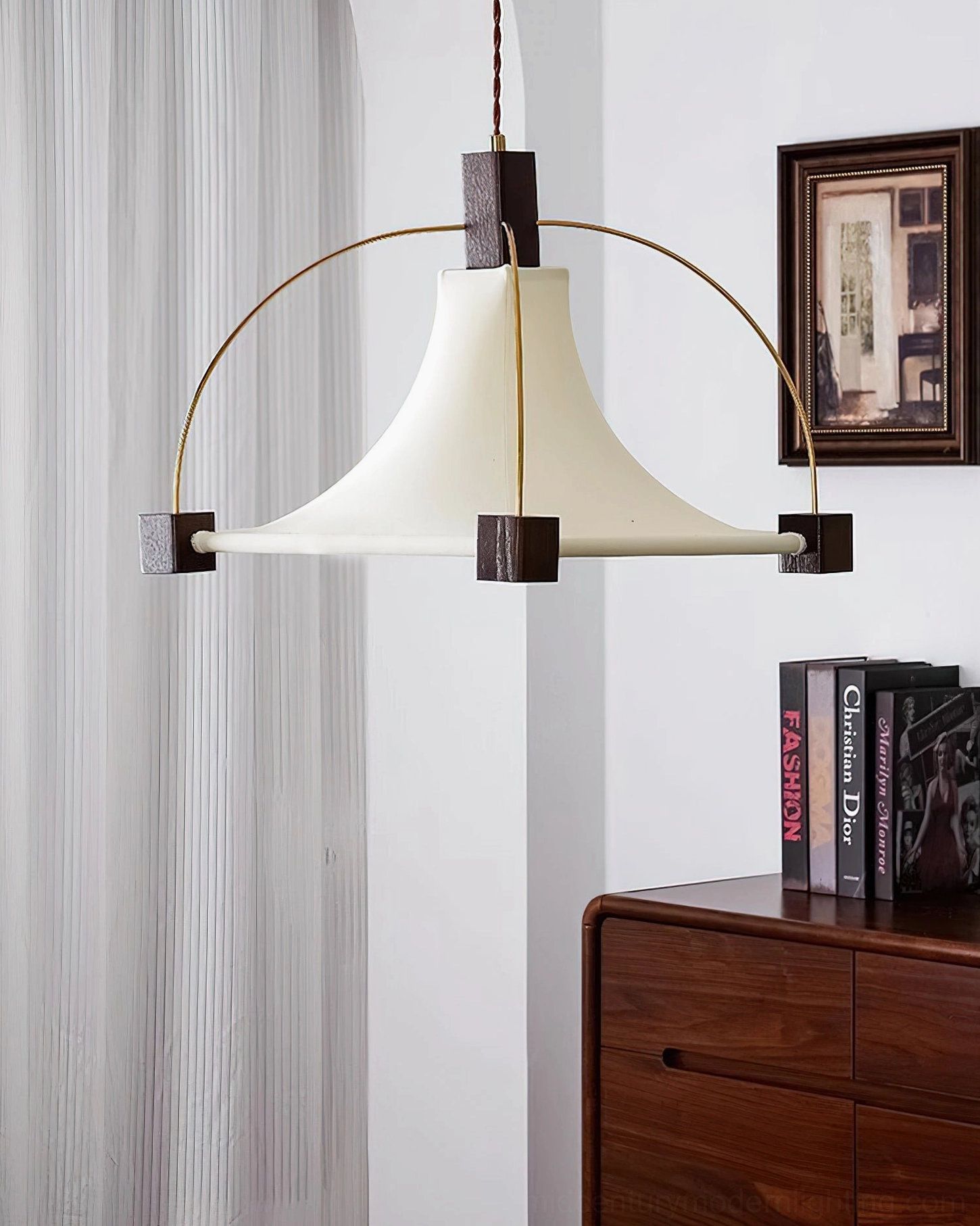 Mid-century pendant light walnut wood frame suspension wire