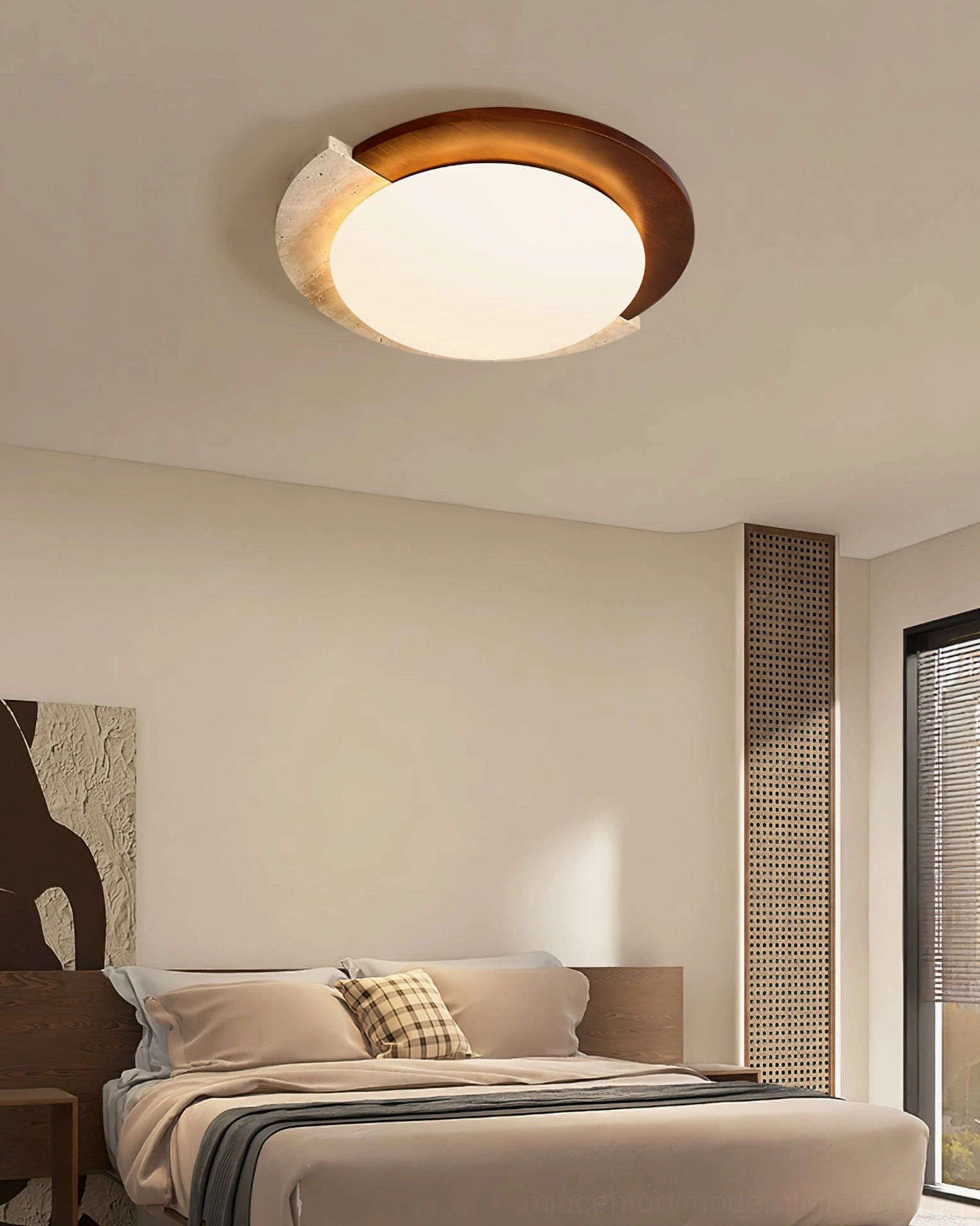 Mid-century modern asymmetrical ceiling lamp in contemporary living space with minimalist furnishings