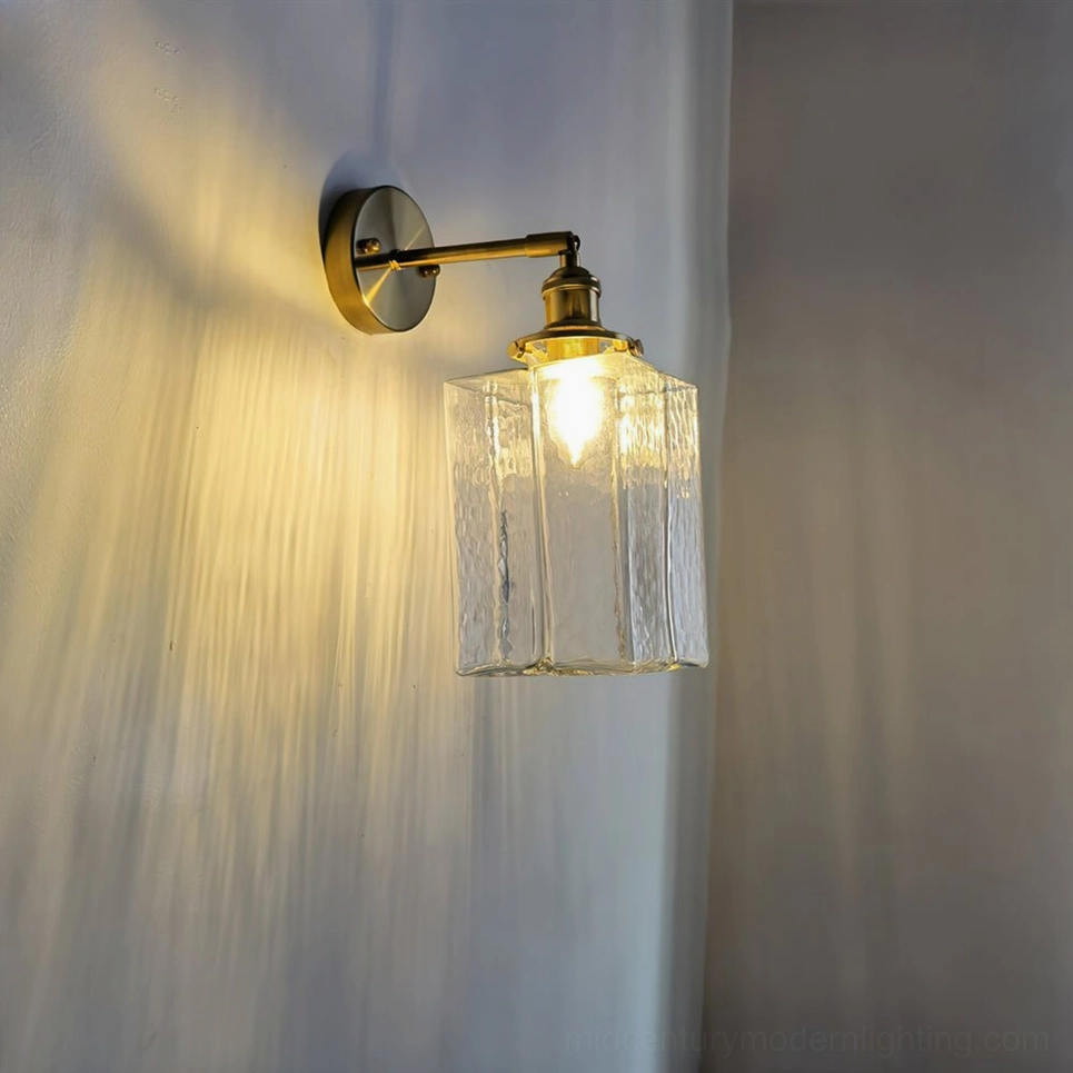 Mid-century modern brass pendant wall lamp with hand-textured glass diffuser