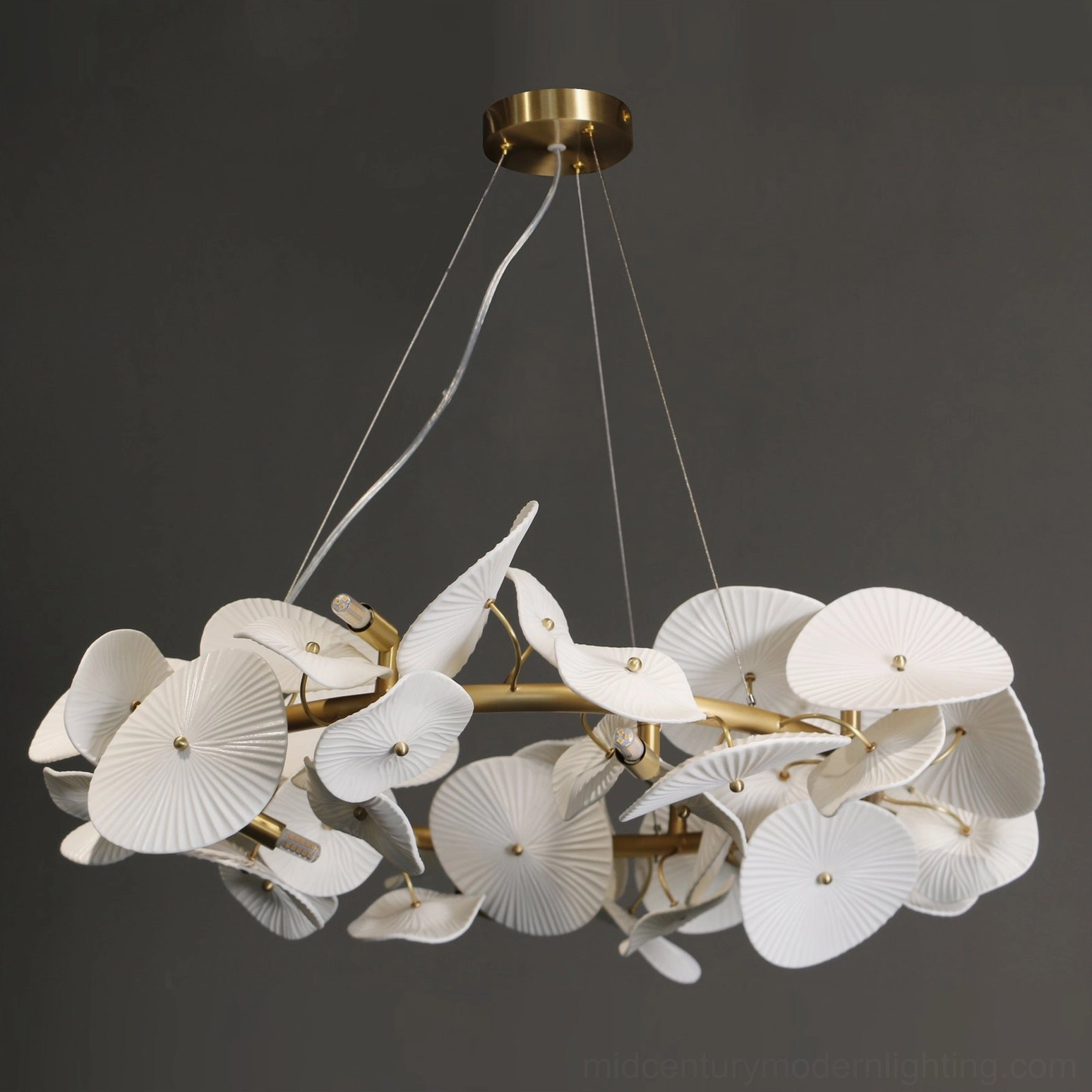 Ceramic wreath chandelier full view highlighting mid-century modern aesthetic with organic botanical inspiration and refined craftsmanship