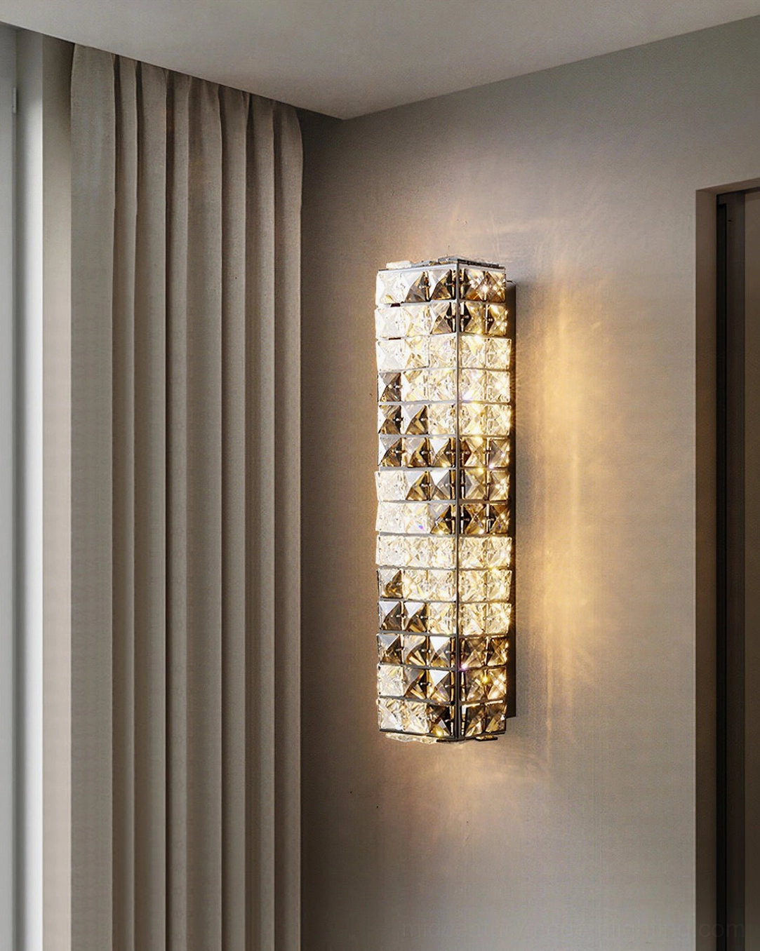 Modern crystal wall lamp showing mid-century design aesthetic with refined stainless steel detailing