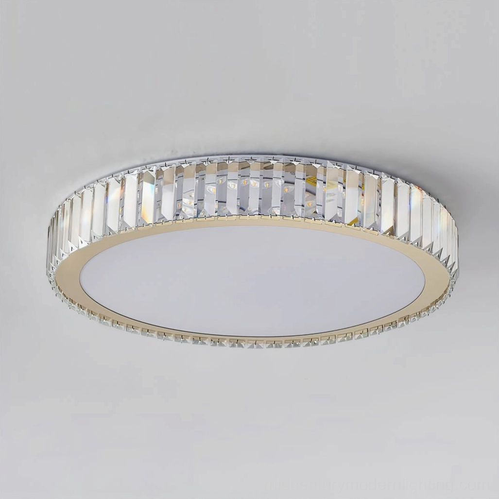 Mid-century modern gold crystal round ceiling light fixture complete view