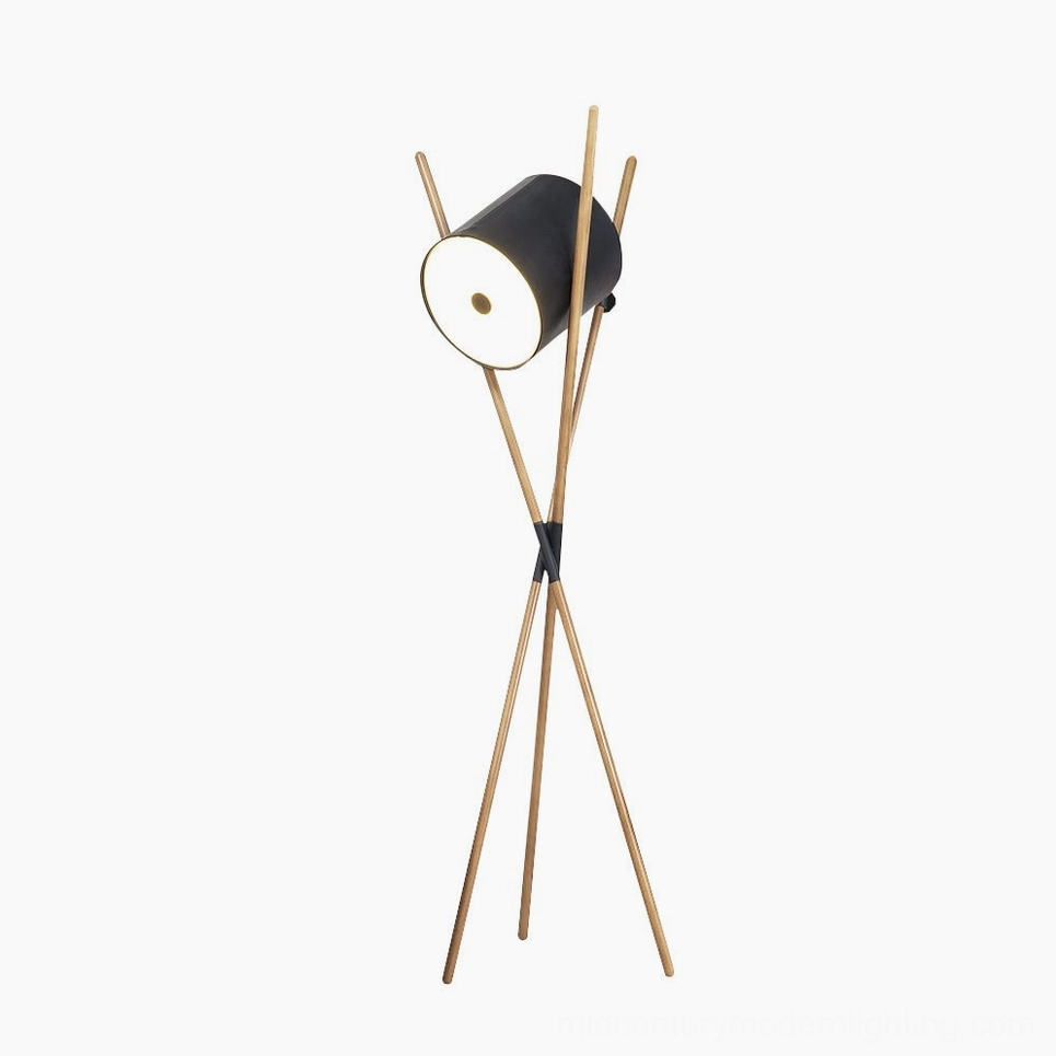 Mid-century modern floor lamp with black and natural wood finish - minimalist tripod base detail