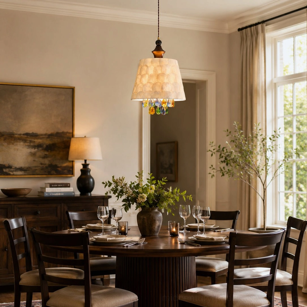 Mid-century modern capiz pendant chandelier in formal family dining room with dark wood furniture and large daylight window