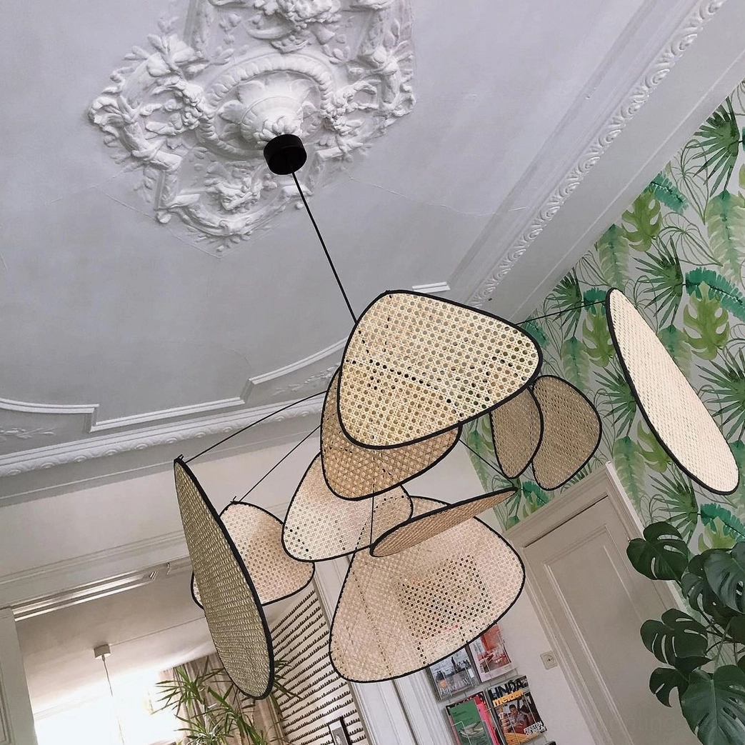 Mid-century modern rattan chandelier, organic sculptural form in natural bamboo finish