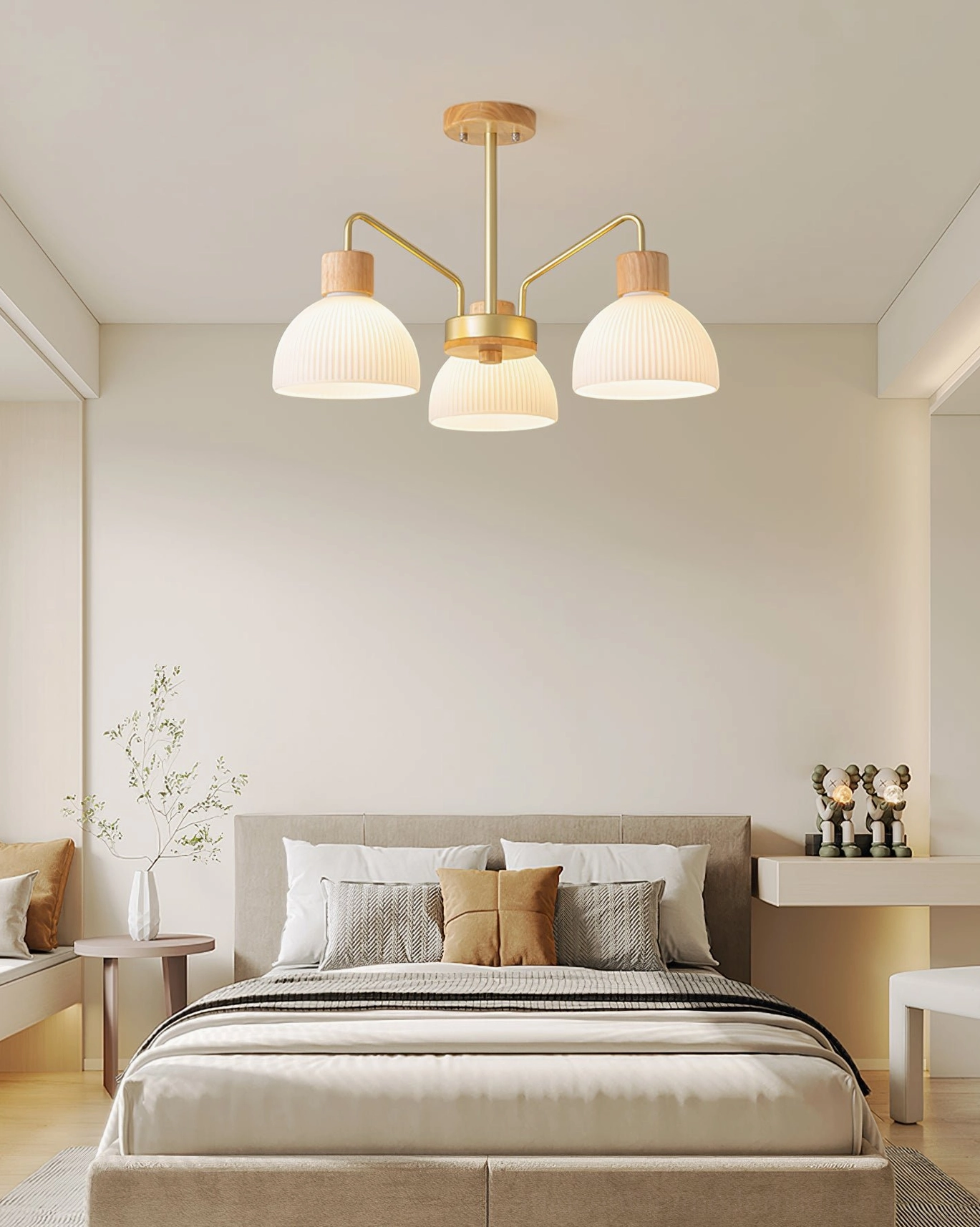 5-head mid-century modern ribbed chandelier casting warm ambient light in residential space