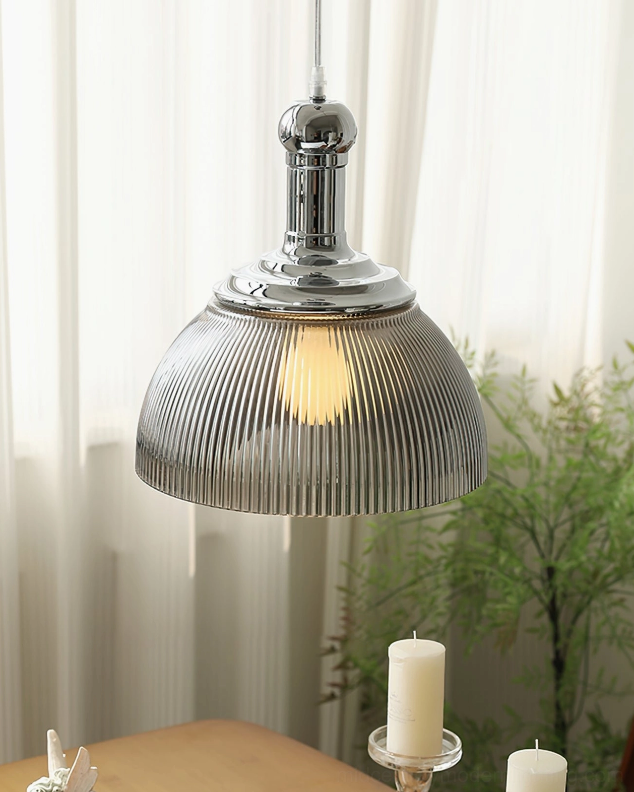 Mid-century modern ribbed glass pendant lamp in smoke gray and chrome color variant