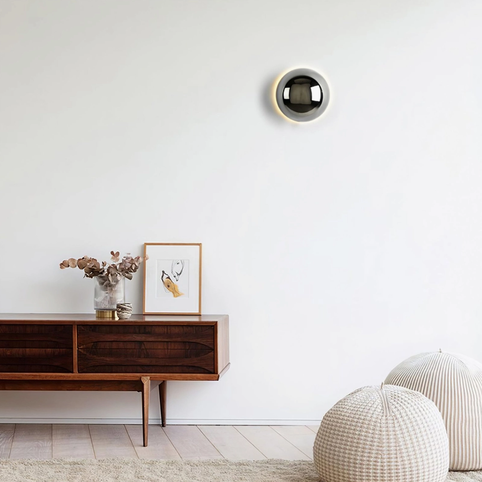 Mid-century modern inspired sphere wall sconce with clean geometric form