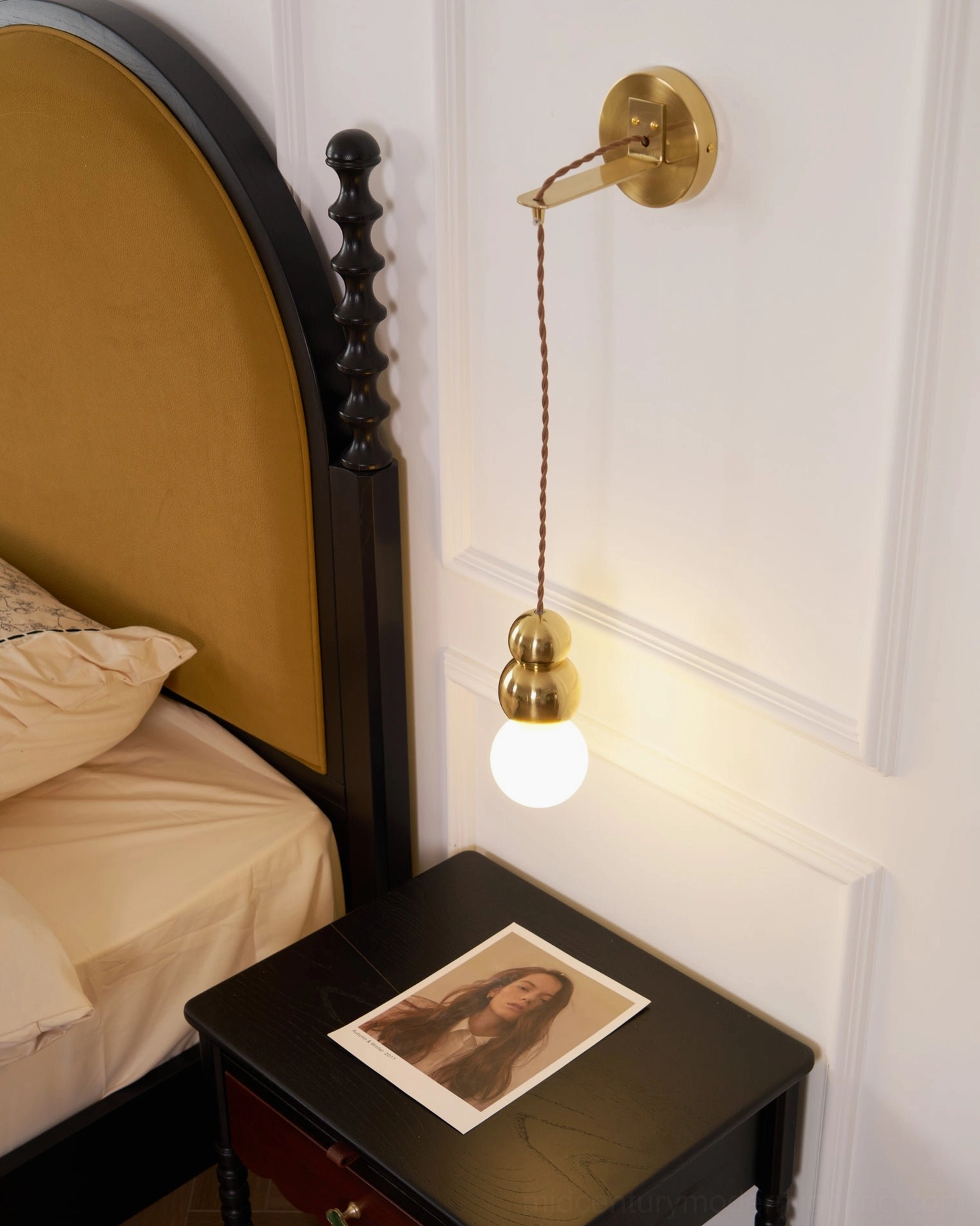 Mid-century modern spherical glass wall light in various finishes, design detail showcase