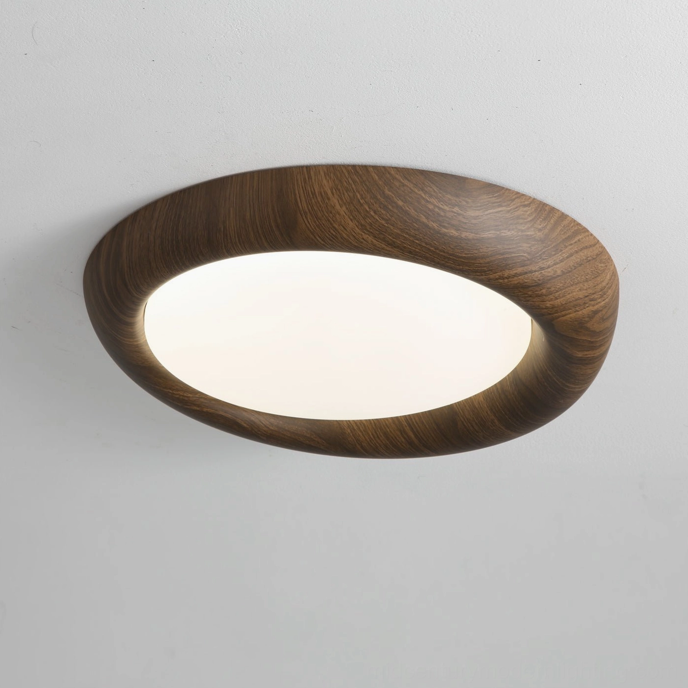 Mid-century modern inspired ceiling light with walnut wood finish and frosted acrylic diffuser