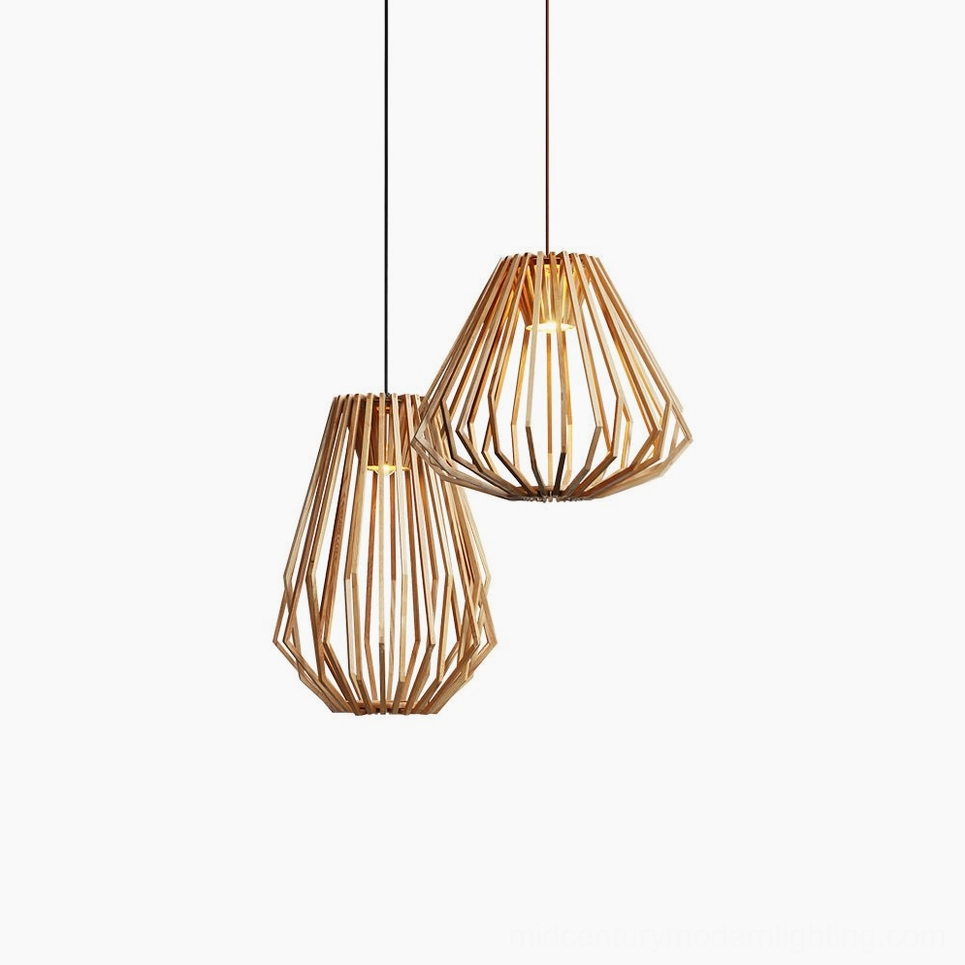 Mid-century modern wood slat cage pendant light in studio lighting showing natural wood color and geometric design