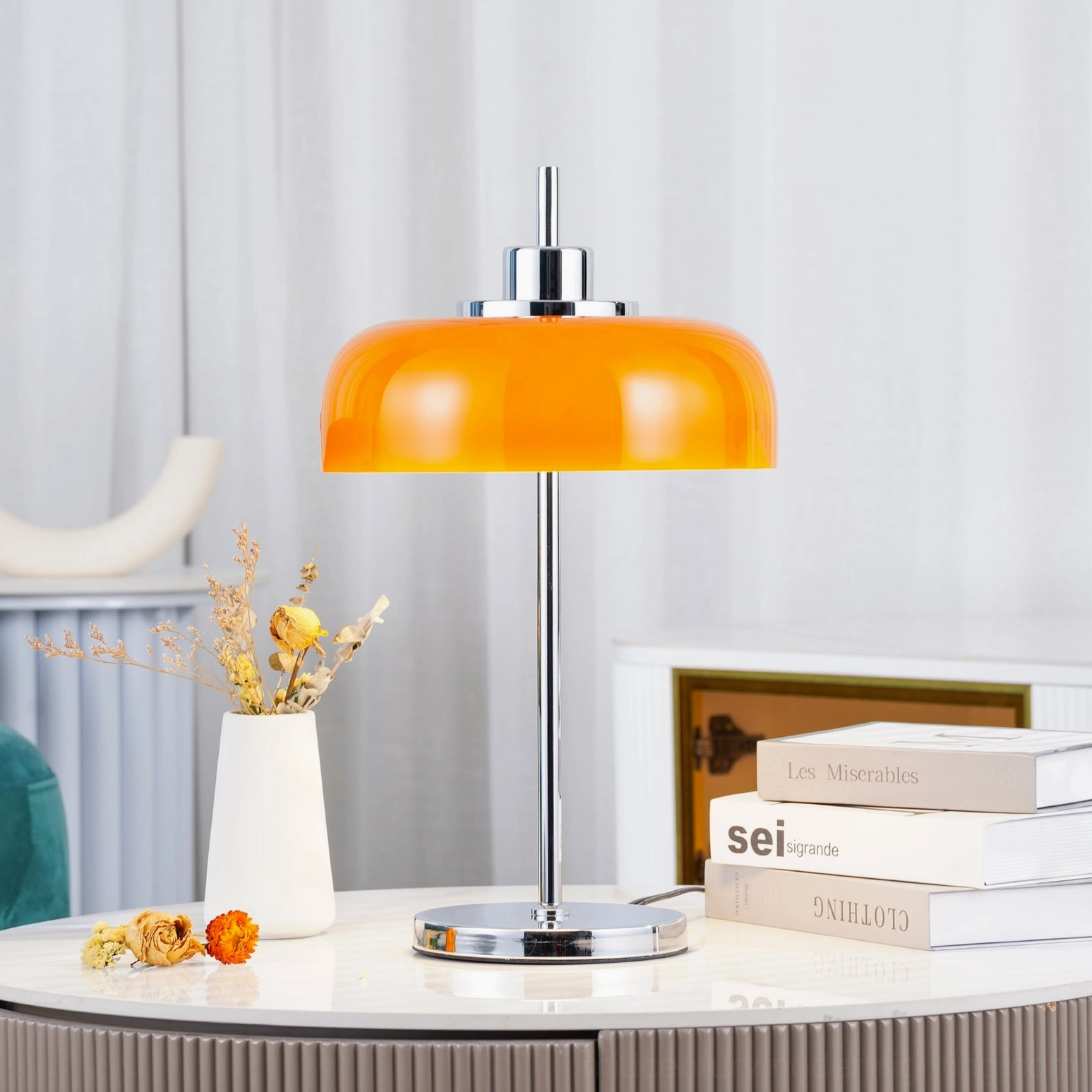 Mid-century modern orange dome table lamp with chrome metal base - product detail view