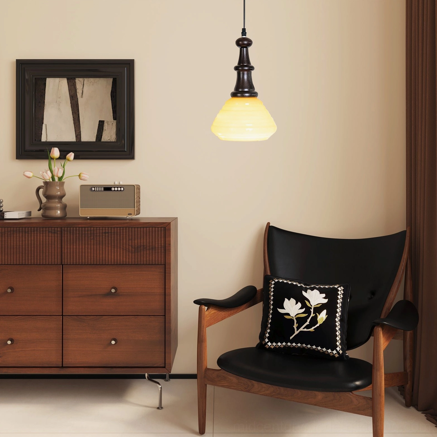 Mid-century modern wooden pendant light in contemporary living room paired with wood dresser, accent chair and wall art