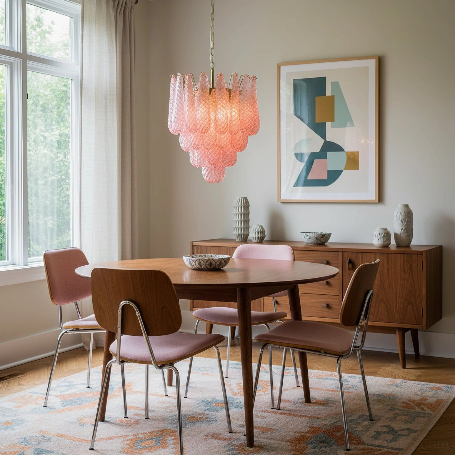 Mid-century modern pink glass chandelier over round wooden dining table with abstract artwork