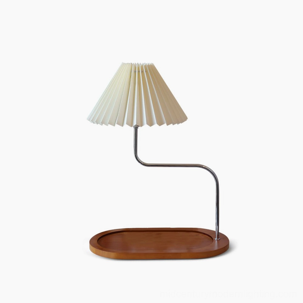 Mid-century modern pleated fabric table lamp with walnut base, beige shade, and chrome arm