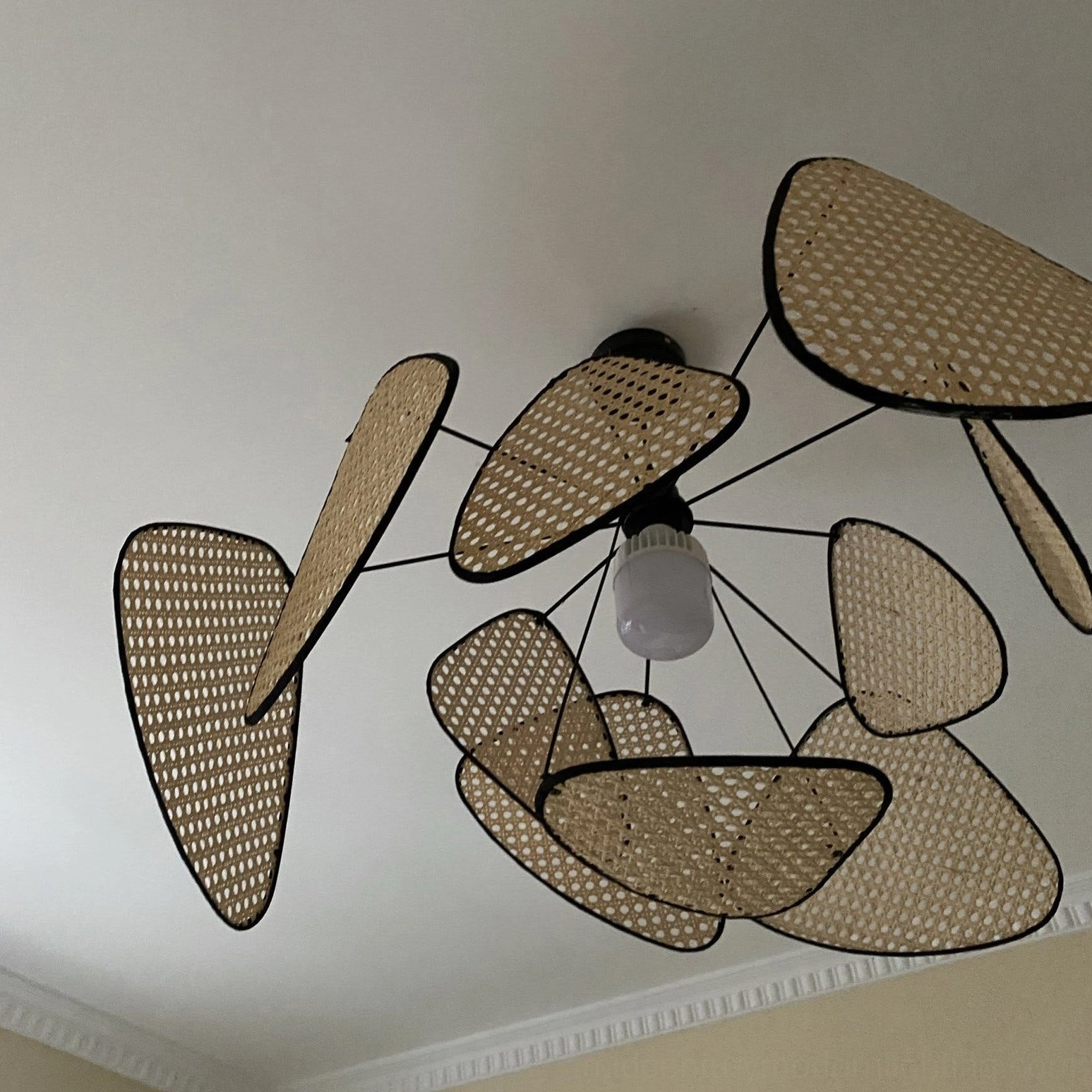 Mid-century modern rattan chandelier, complete electrical specifications and mounting hardware