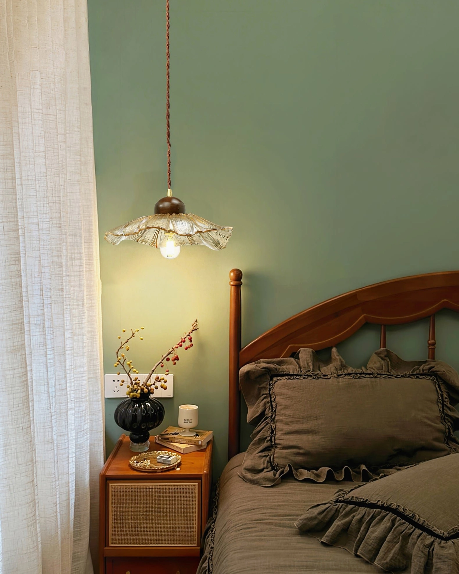 Mid-century modern scalloped pendant lamp warm wall background design showcase