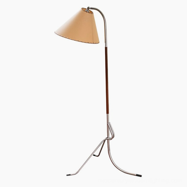Premium mid-century tripod floor lamp with walnut and chrome finish, complete product showcase for all regional plug variants