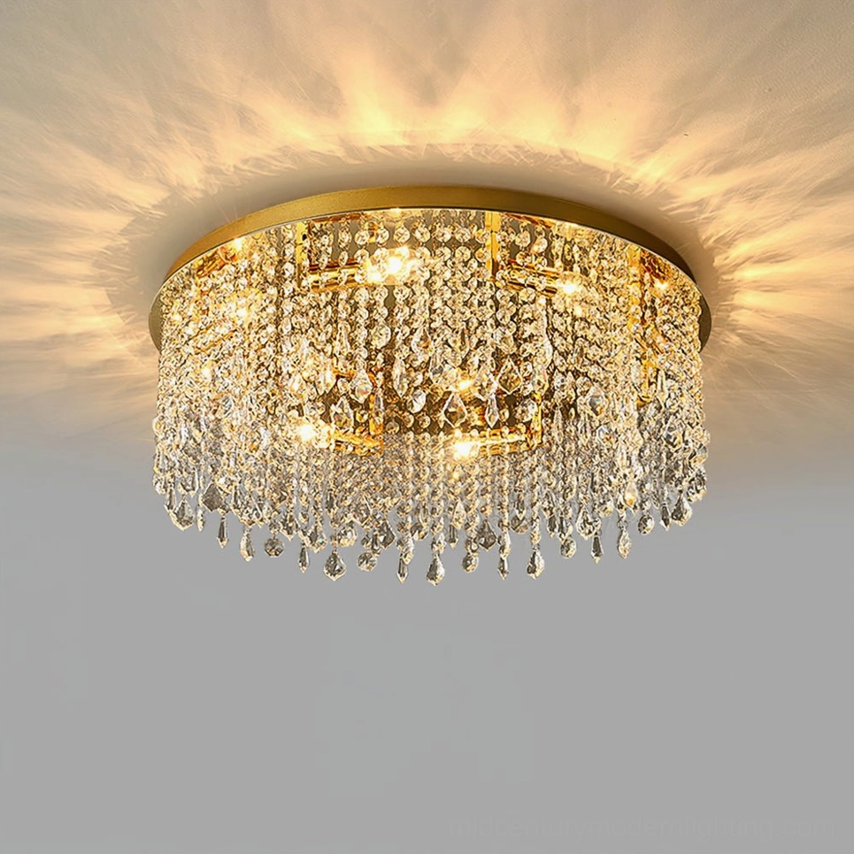 Mid-sized crystal flush mount ceiling lamp with eight E14 bulbs in titanium gold finish for dining or living areas
