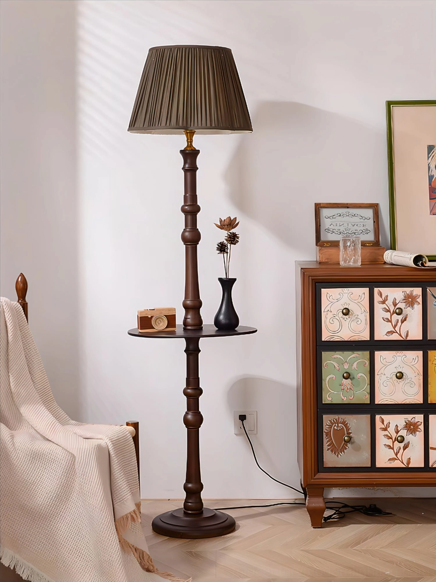 Vintage Mid-Century Modern Floor Lamp in living room corner with retro decor and accessories