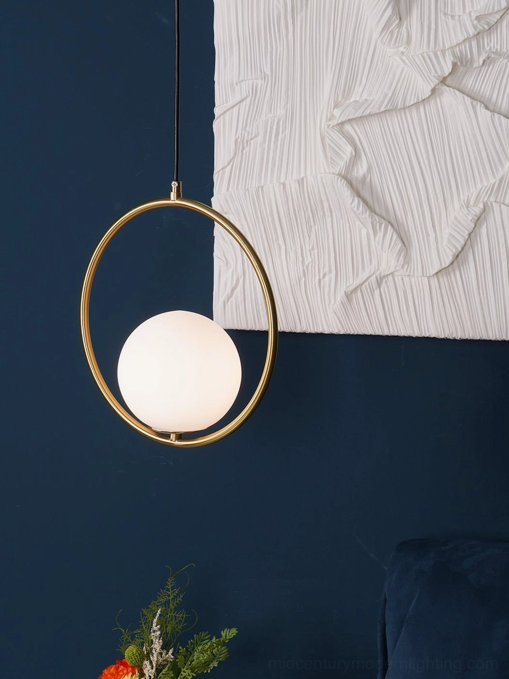 Mila pendant light diameter 35cm circular frame option in black metal with white glass shade - large geometric hanging light