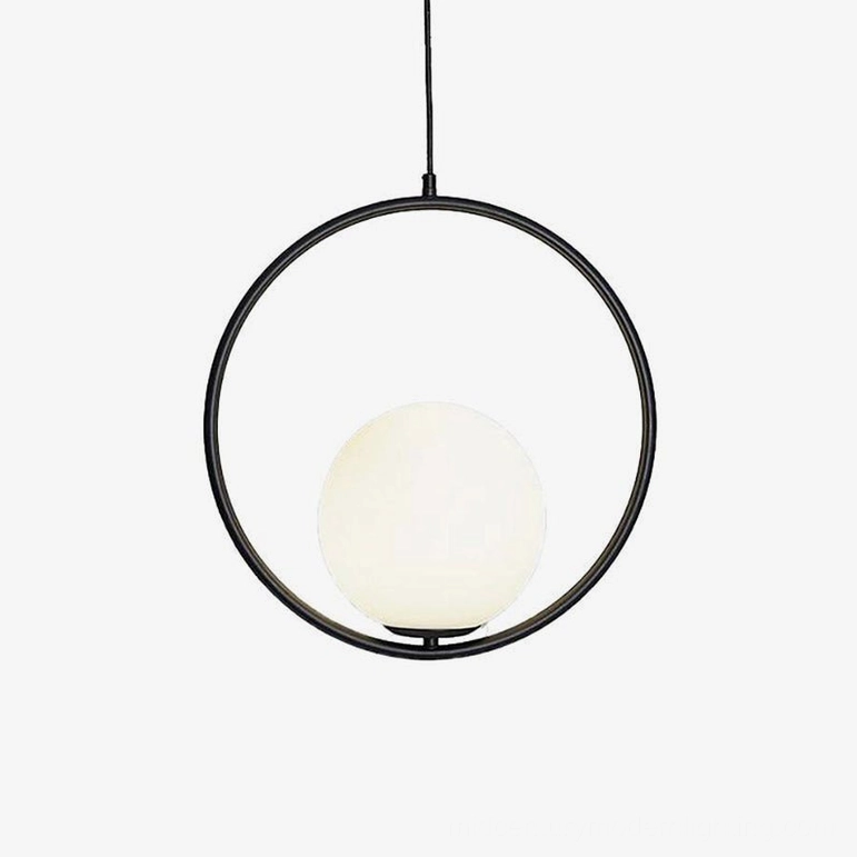 Mila pendant light in black metal finish showing architectural frame lines with spherical frosted glass - minimalist modern pendant