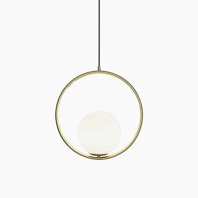 Mila pendant light in warm brass metal finish with geometric circular frame and white frosted glass shade - elegant modern fixture
