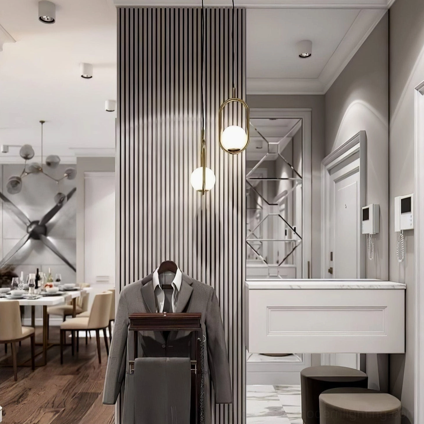 Mila geometric pendant light in multiple finish options - brass black and silver comparison display of contemporary design