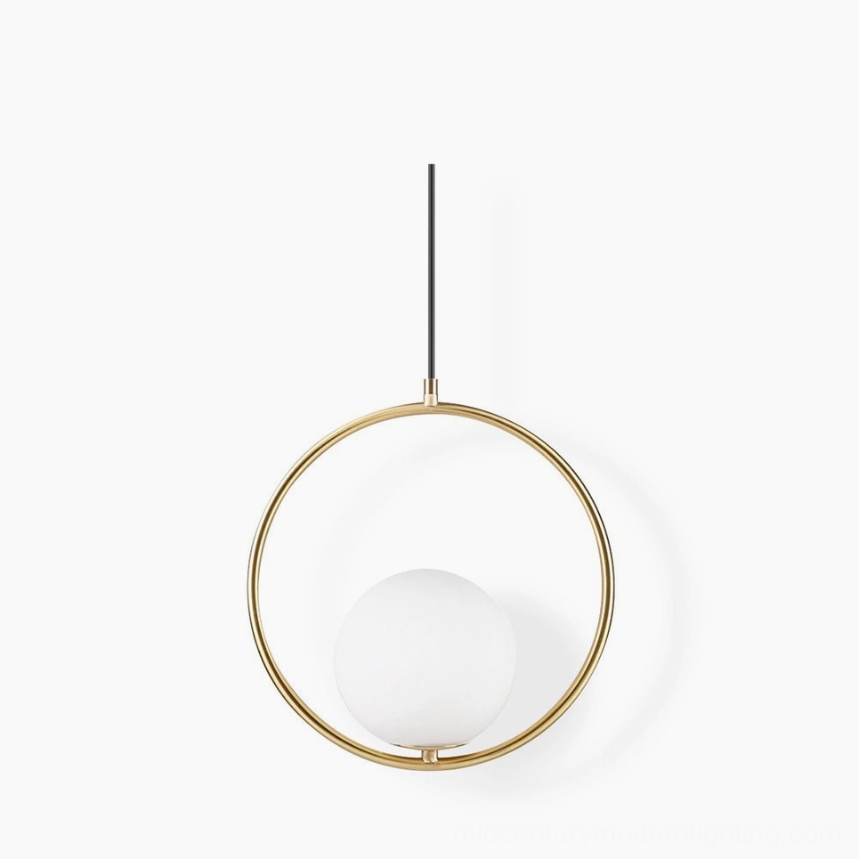 Mila geometric pendant light with gold metal hoop frame and frosted white glass sphere shade on white studio background - minimalist modern lighting design