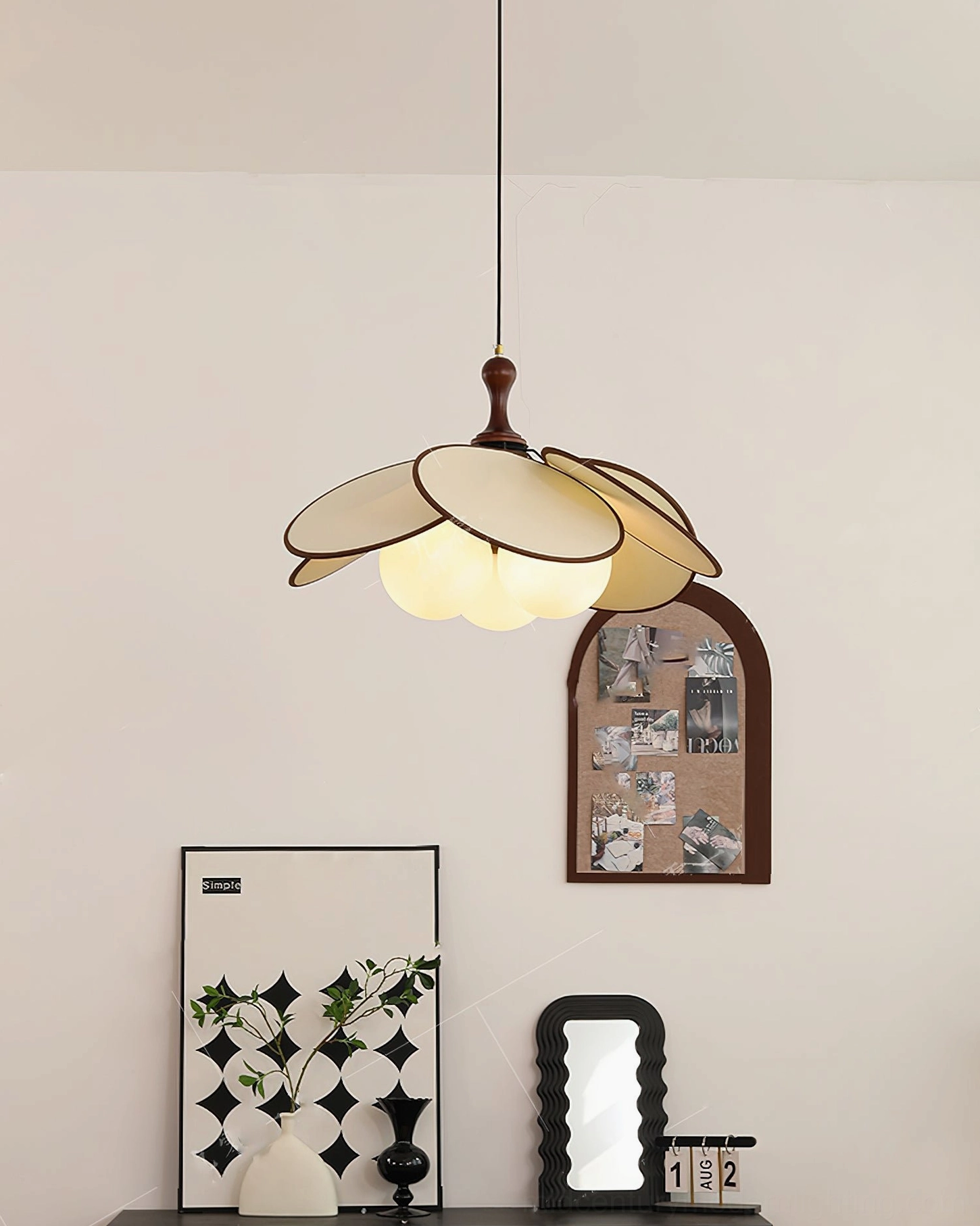 Miley floral pendant light fabric and wood construction detail showing mid-century modern craftsmanship