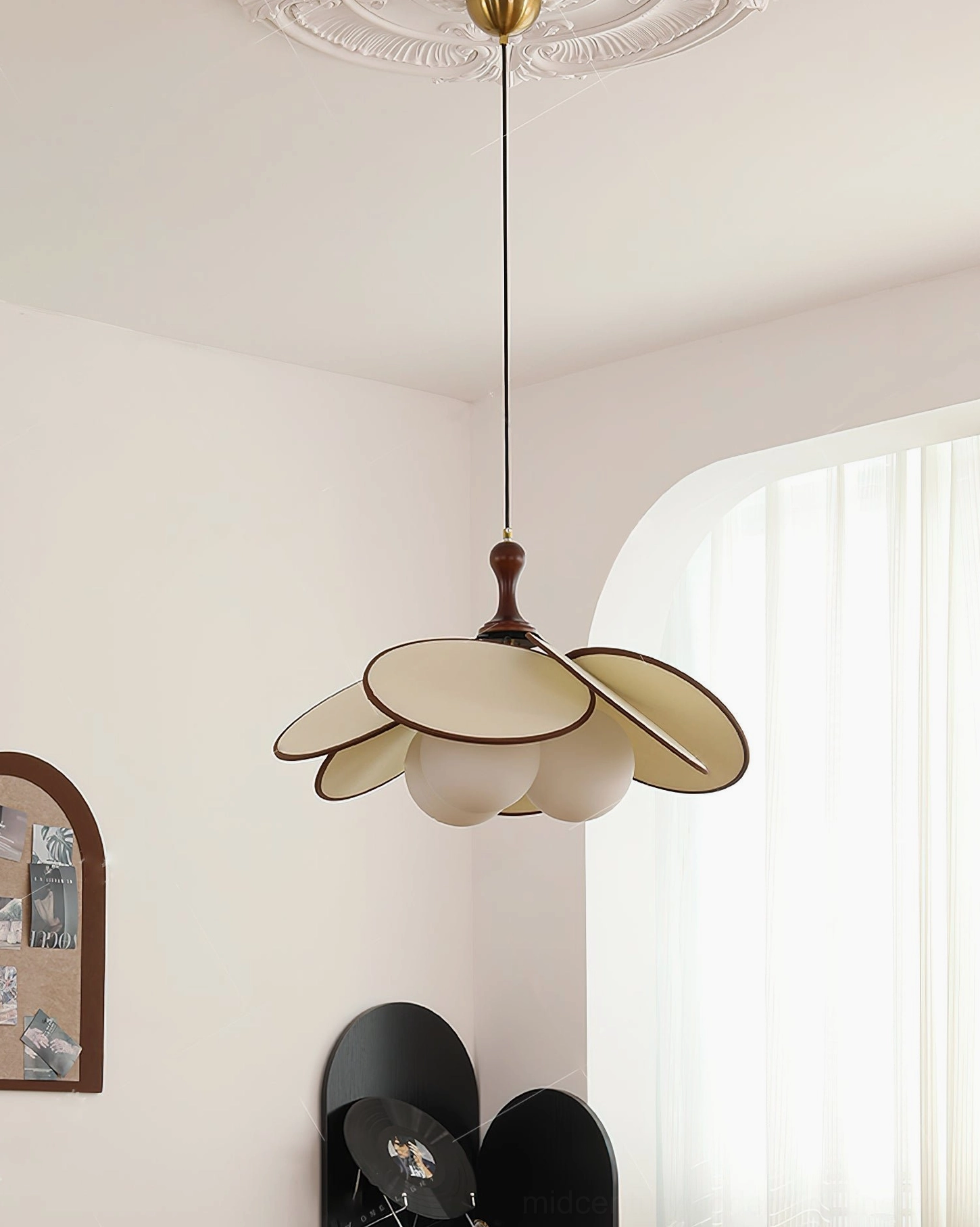 Miley mid-century modern pendant in unlit state showing fabric petal details and texture