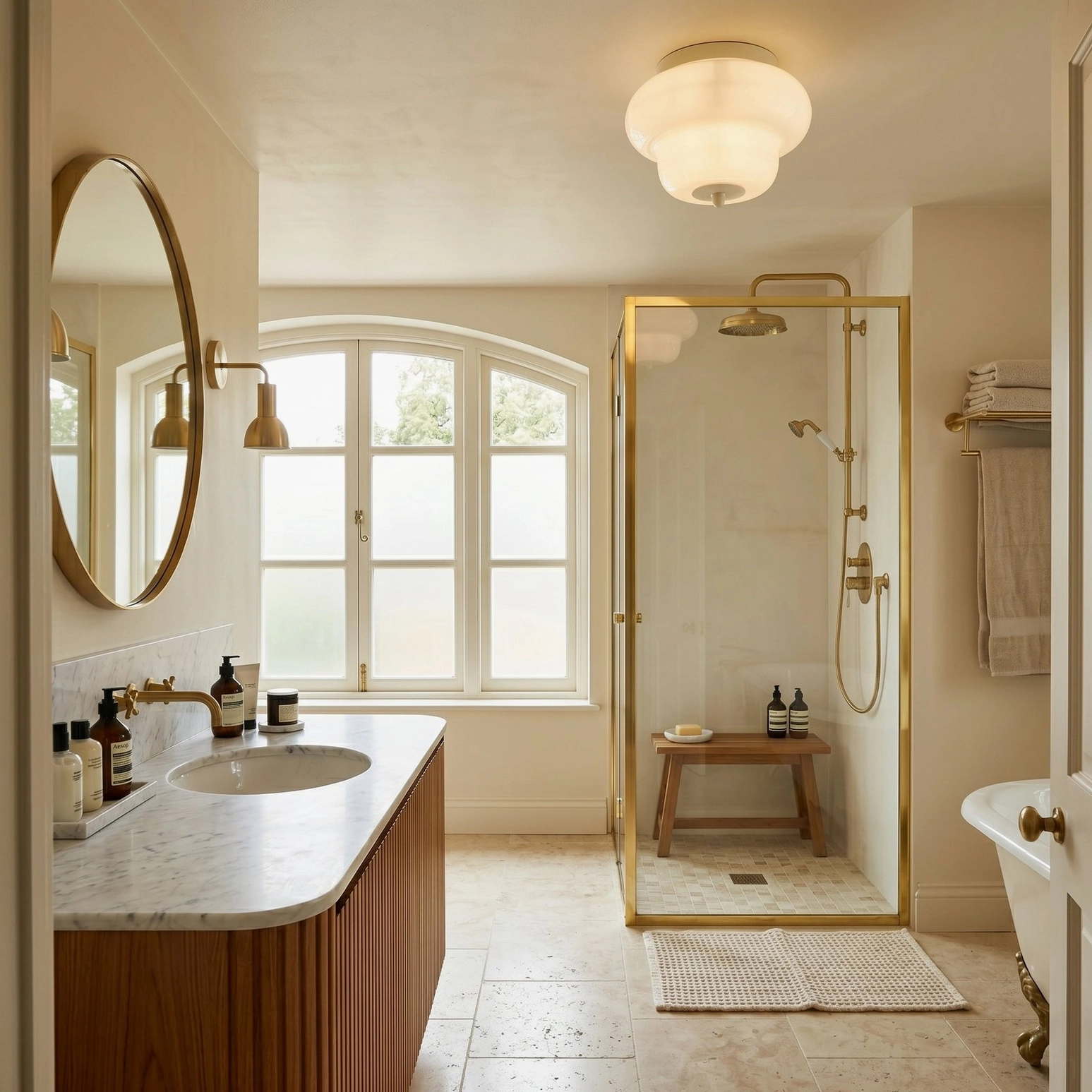 Milo bathroom ceiling light above modern sink vanity with brass gold fixtures and wood cabinet in contemporary bathroom