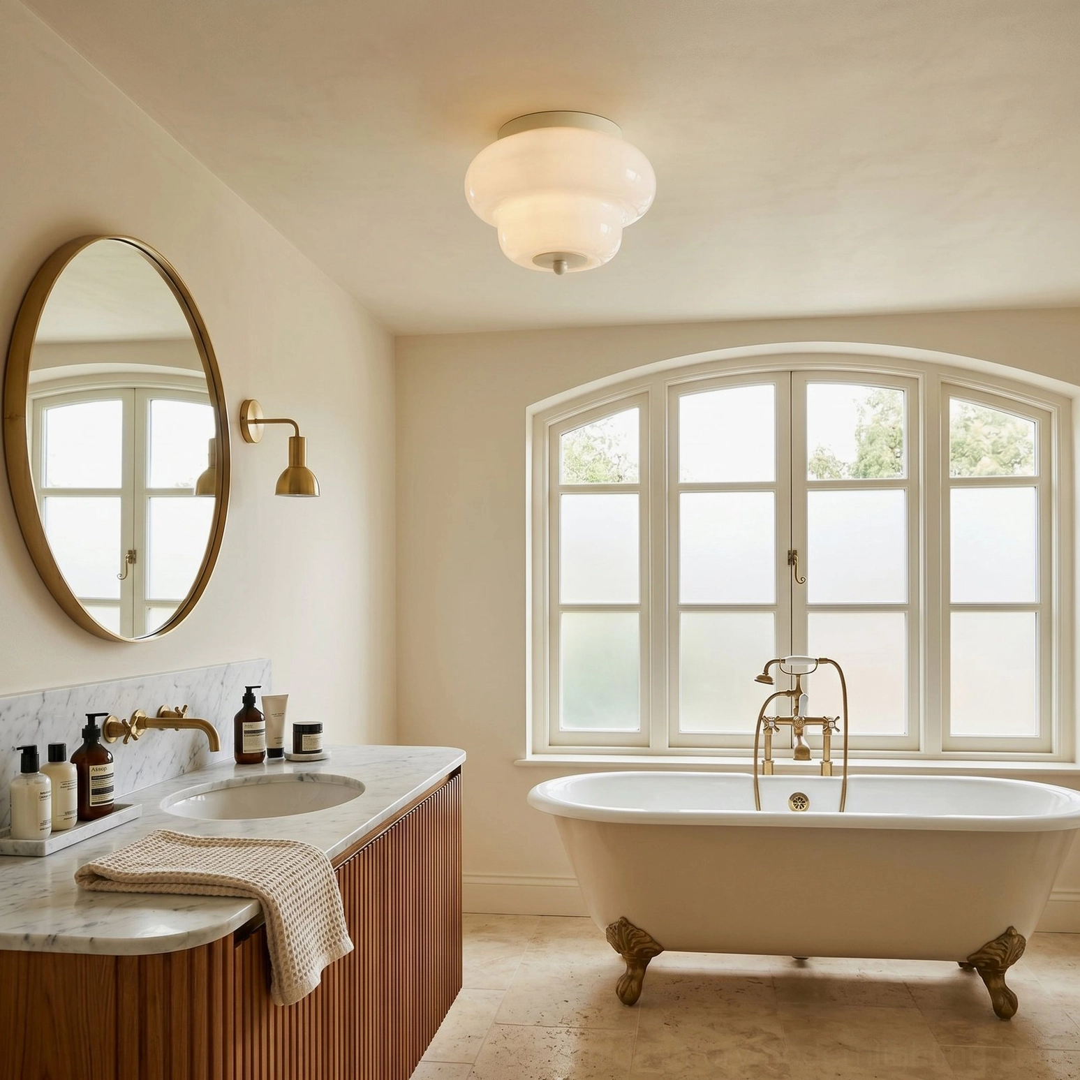 Milo ceiling mount light above classic freestanding clawfoot bathtub with arched window in spa-like bathroom design